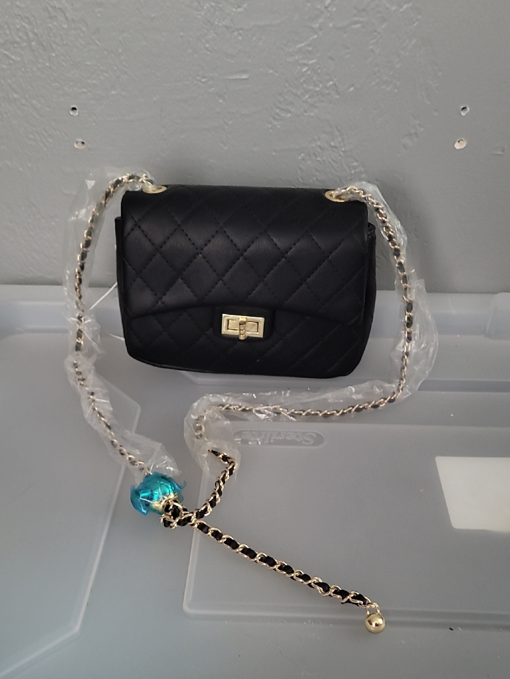 Black Quilted Chain Crossbody Bag with Gold Hardware
